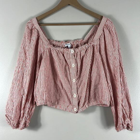 Madewell Orange Puff Sleeve Button Front Crop Top in Embroidered Stripe - Picture 4 of 6